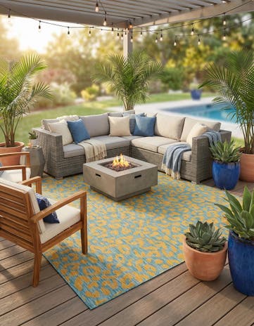 Blue Yellow Easy-Clean Safari Indoor / Outdoor Square Rug