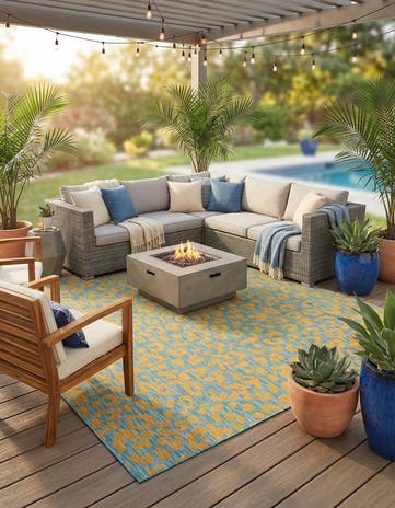Blue Yellow Easy-Clean Safari Indoor / Outdoor Square Rug