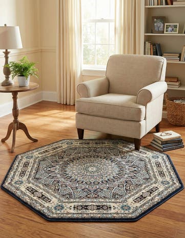 Navy Blue Nain Design Octagon Rug