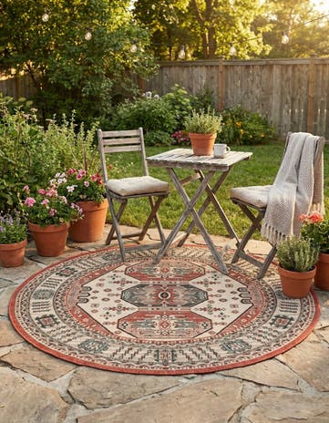 Easy-Clean Traditional Indoor / Outdoor Round Rug