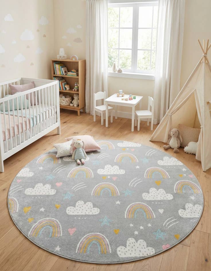 Detail image of 7' 10 x 7' 10 Clouds and Rainbows Whimsy Kids Round Rug