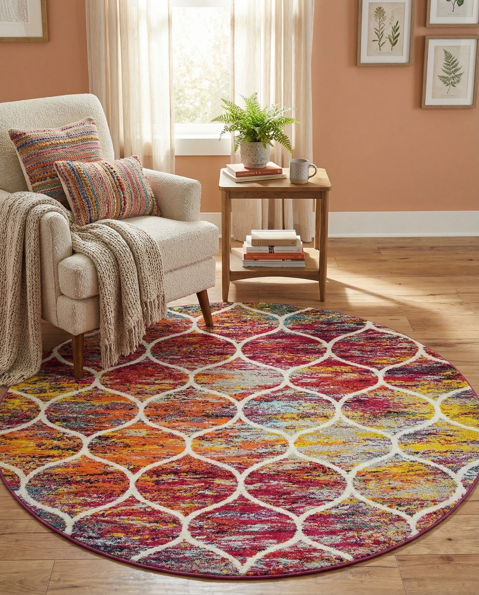 A 3' round multi-colored modern trellis rug with vibrant hues of red, orange, yellow, and blue, featuring a white lattice pattern.