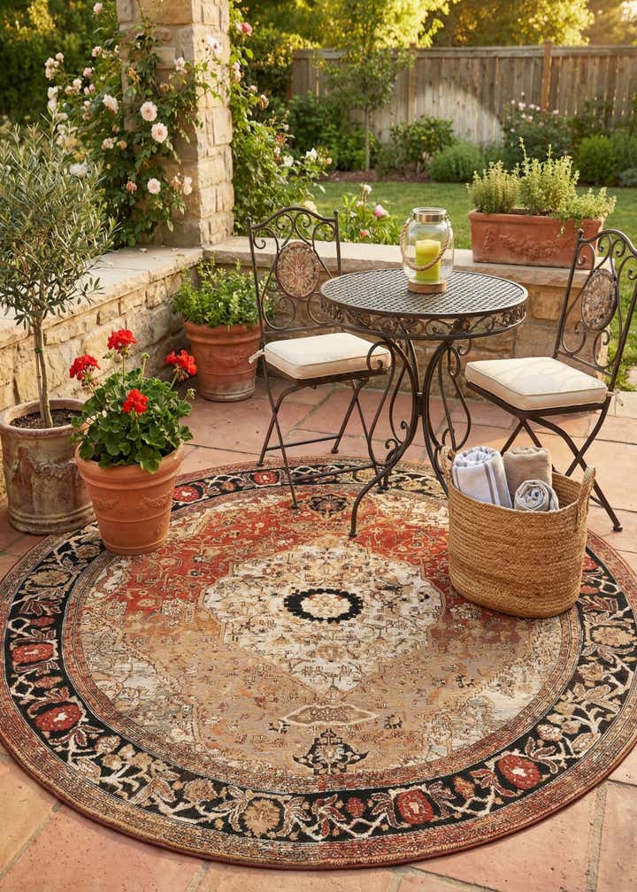 7' 10 x 7' 10 Easy-Clean Traditional Indoor / Outdoor Round Rug