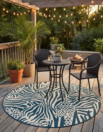 Navy Blue and Ivory Easy-Clean Safari Indoor / Outdoor Round Rug