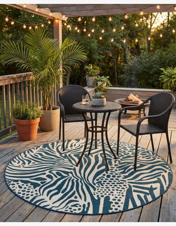 Navy Blue and Ivory Easy-Clean Safari Indoor / Outdoor Round Rug