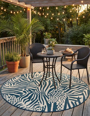 Navy Blue and Ivory Easy-Clean Safari Indoor / Outdoor Round Rug