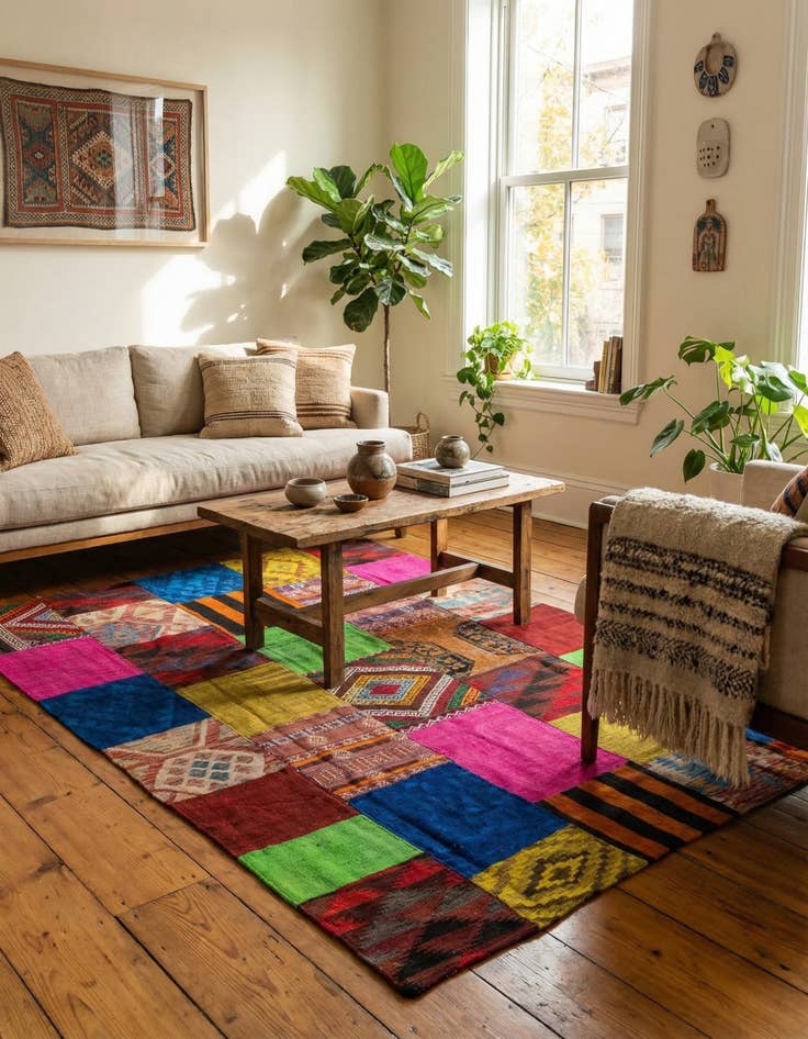 Detail image of 5' 5 x 7' 8  Hand Woven Kilim Patchwork Wool Rug