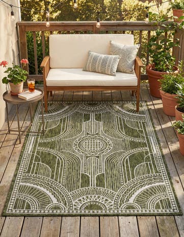 Green Easy-Clean Traditional Indoor / Outdoor Rug