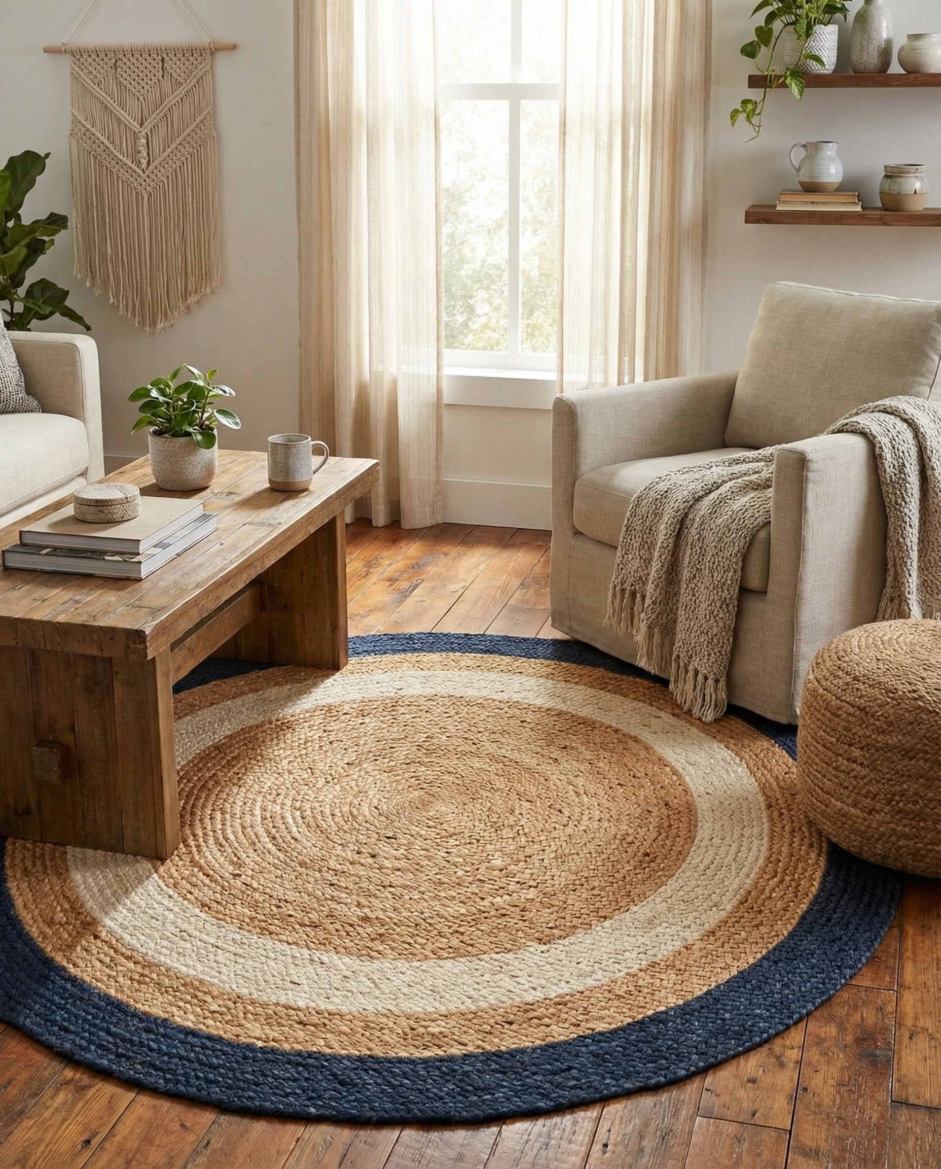  3' 1 x 3' 1  Hand Braided Jute Round Rug