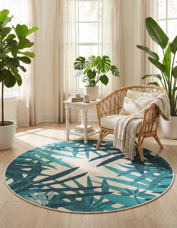 Detail image of 5' x 5'  Washable Botanical Indoor / Outdoor Round Rug