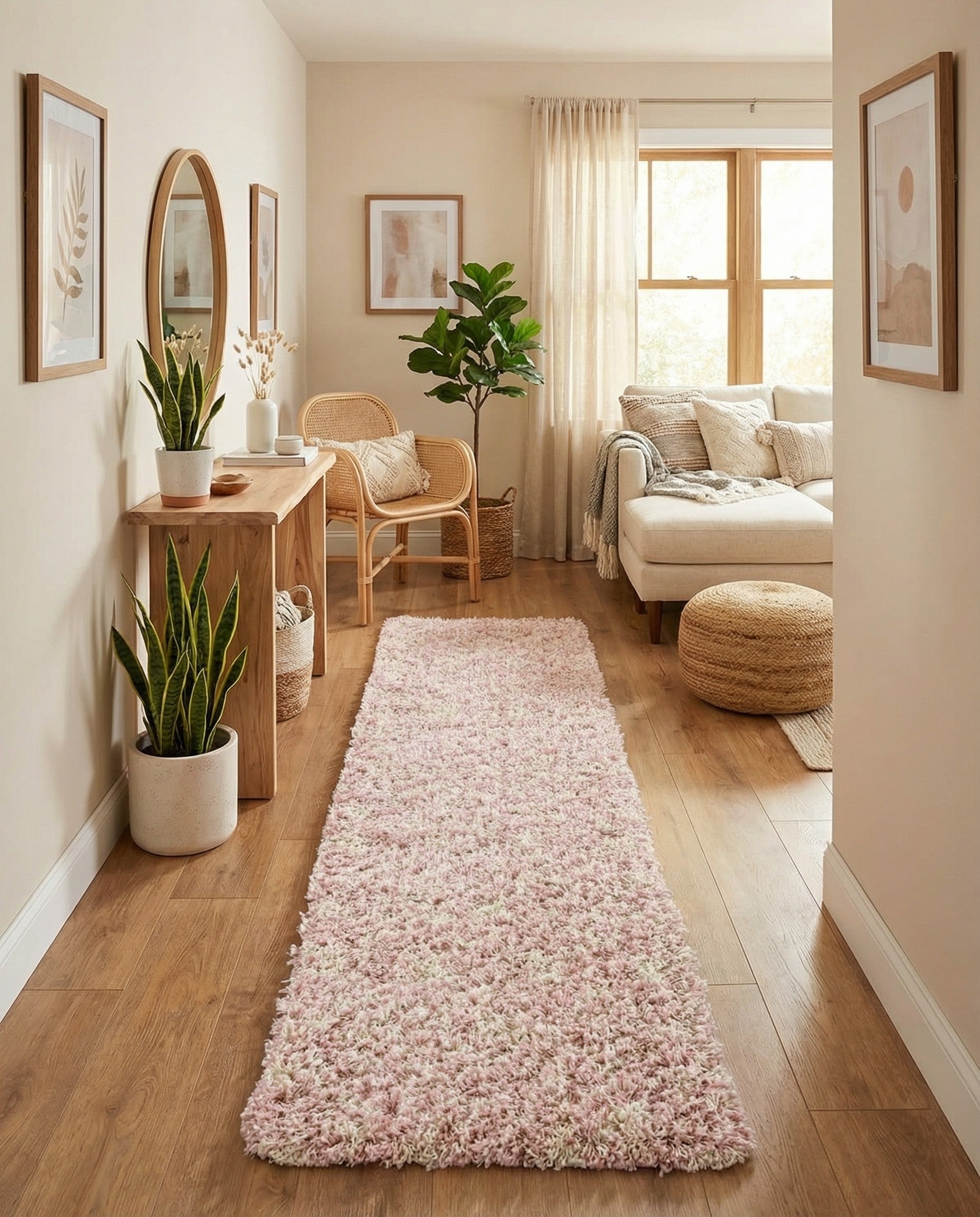 A long, rectangular 12 Ft Runner rug in shades of pink, featuring a soft, textured shag pile with a subtle tribal pattern.