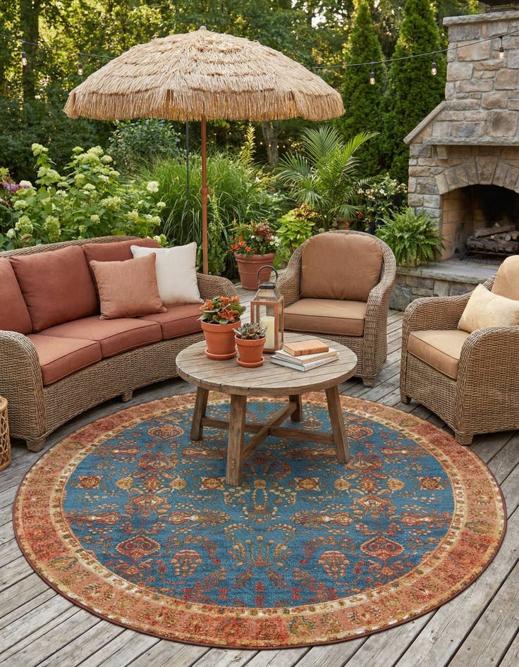 Detail image of 7' 10 x 7' 10  Washable Traditional Indoor / Outdoor Round Rug