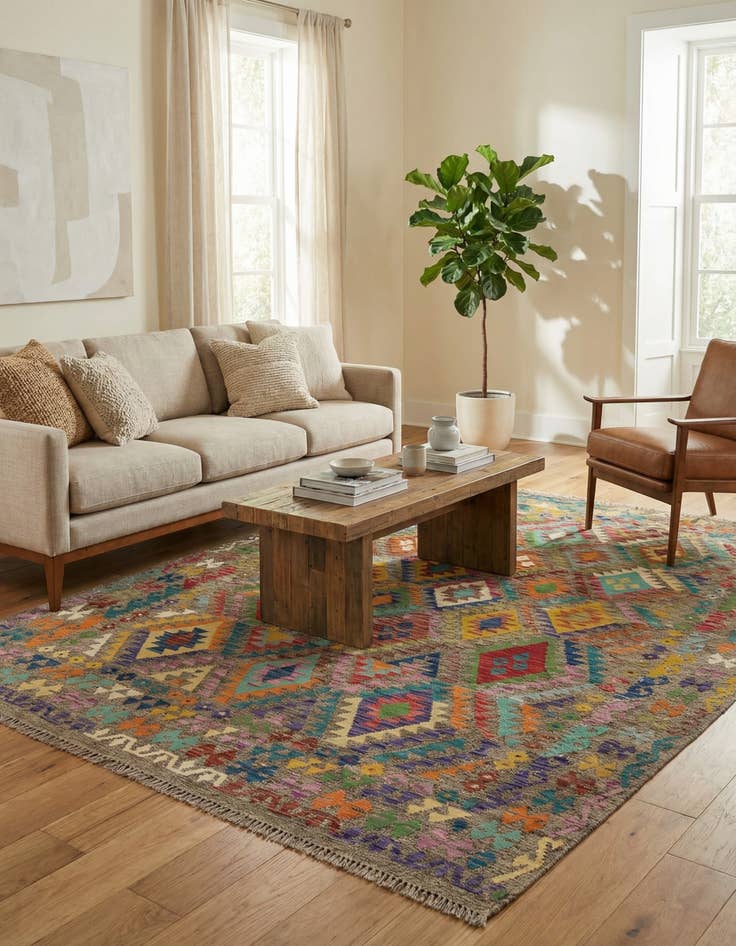 Detail image of 6' 10 x 8'  Hand Woven Kilim Modern Wool Square Rug