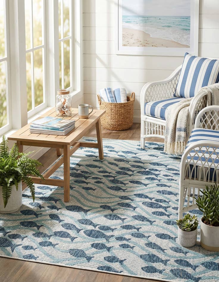Detail image of 5' 3 x 7'  Washable Coastal Indoor / Outdoor Rug