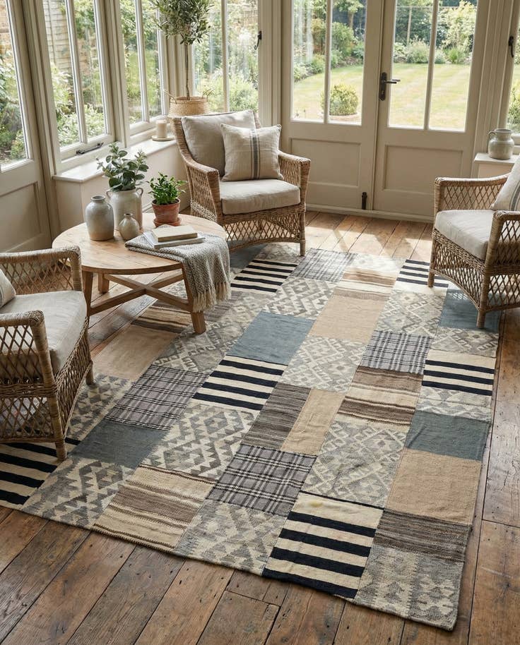 Detail image of 6' 8 x 9' 9 Hand Woven Kilim Patchwork Wool Rug