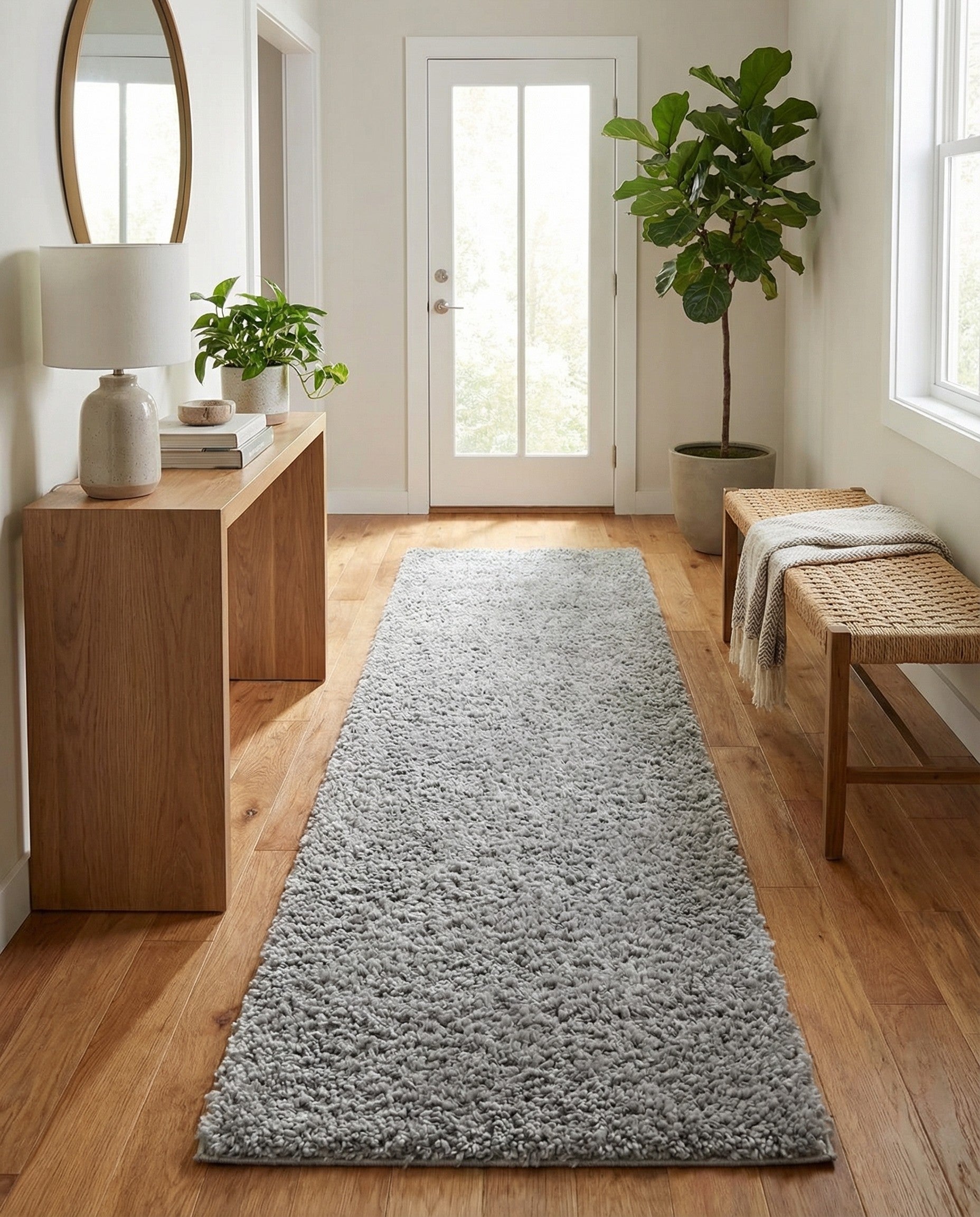 A long, rectangular 16 ft runner rug from the Zermatt Shag collection in a solid light gray color, featuring a plush, textured shag pile.