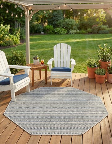 Light Blue Easy-Clean Ribbon Indoor / Outdoor Octagon Rug
