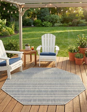 Light Blue Easy-Clean Ribbon Indoor / Outdoor Octagon Rug