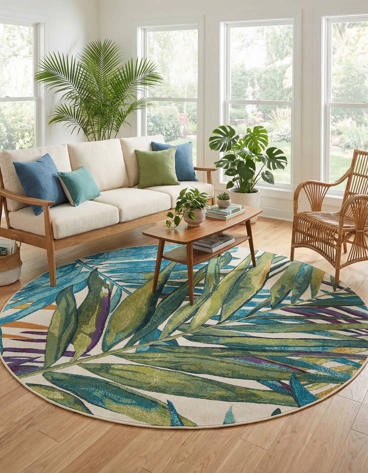 Detail image of  6' x 6'  Washable Botanical Indoor / Outdoor Round Rug
