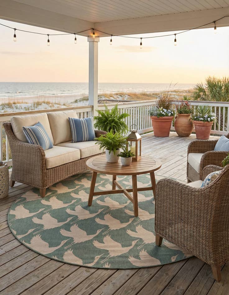 Detail image of 7' 10 x 7' 10  Washable Coastal Indoor / Outdoor Round Rug