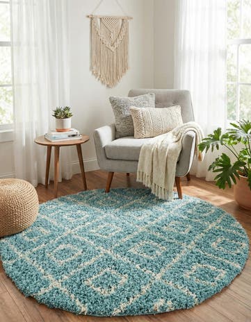 Aqua Lattice Shag Round Rug