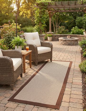 Brown Easy-Clean Border Indoor / Outdoor Runner Rug