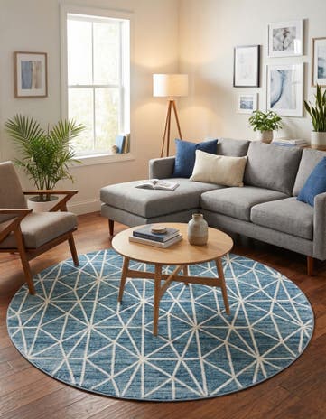 Blue Lattice Trellis Round Rug