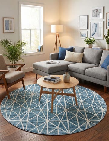 Blue Lattice Trellis Round Rug