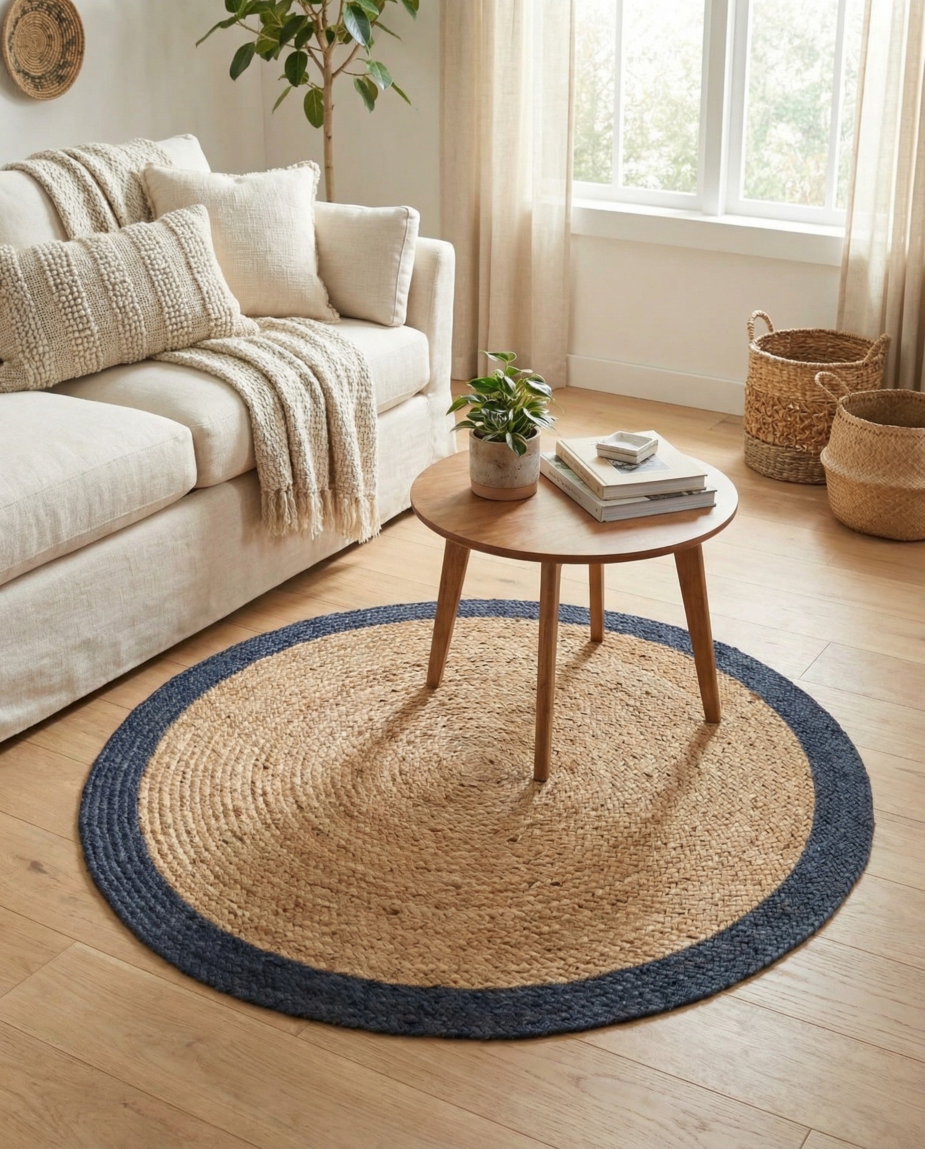 A round 3' 3" natural jute rug with a dark blue braided border, showcasing its textured, eco-friendly design.