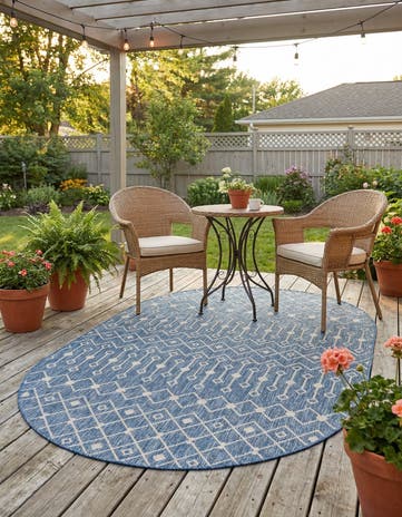 Blue Easy-Clean Lattice Indoor / Outdoor Oval Rug