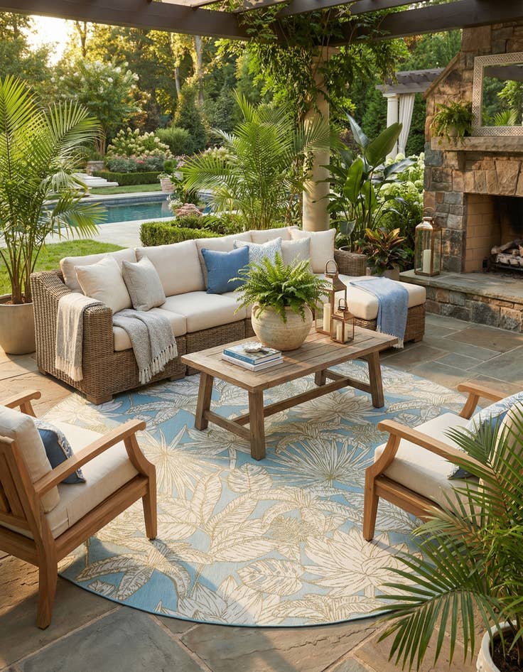 Detail image of  10' x 10'  Washable Botanical Indoor / Outdoor Round Rug