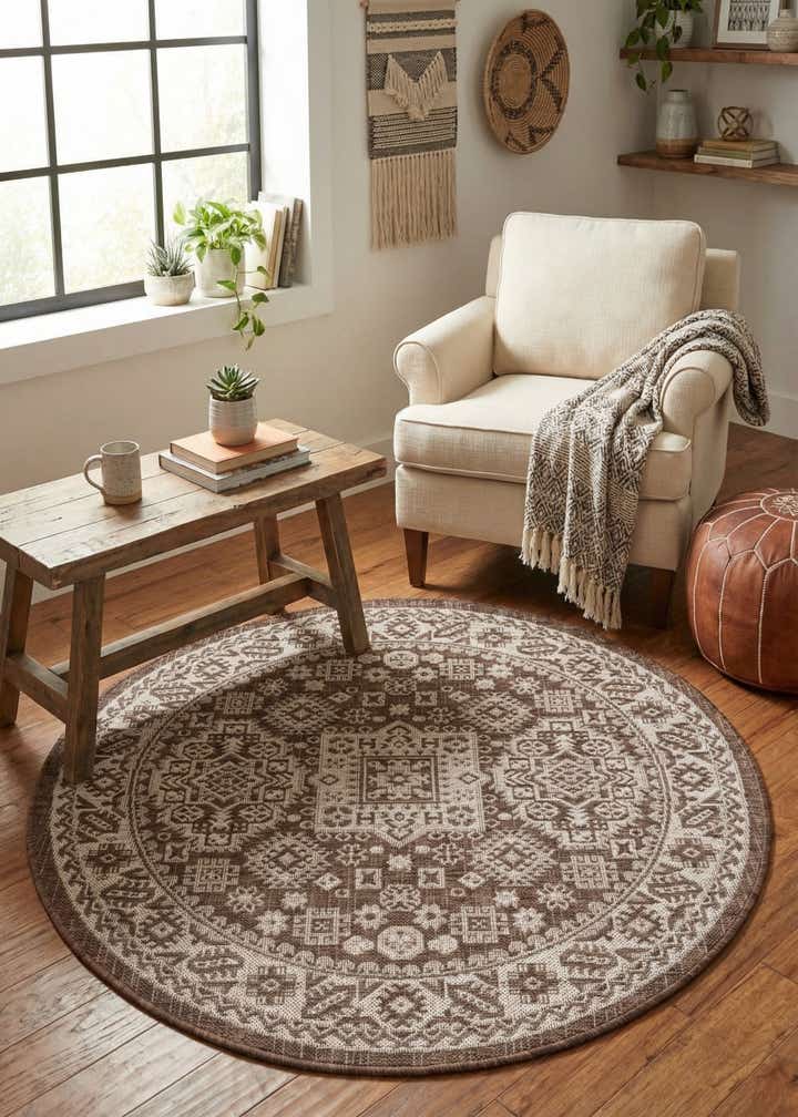 4' x 4' Easy-Clean Aztec Indoor / Outdoor Round Rug
