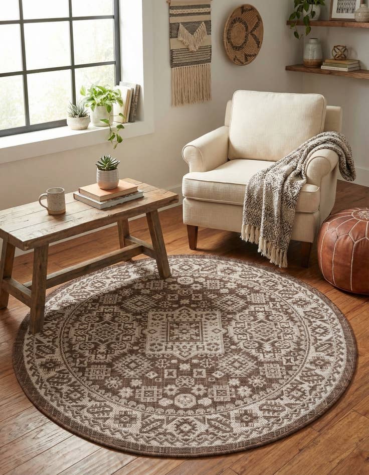 Detail image of 4' x 4'  Washable Aztec Indoor / Outdoor Round Rug