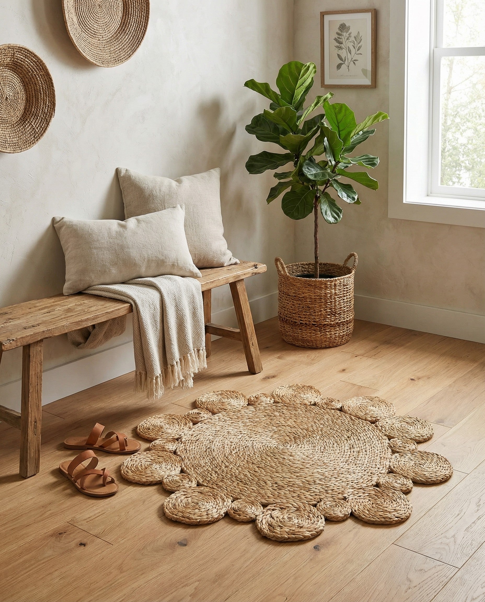 A round, natural jute rug with a central braided circle surrounded by smaller, varying-sized braided jute circles, creating a floral-like border.