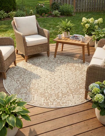 Khaki Easy-Clean Traditional Indoor / Outdoor Round Rug