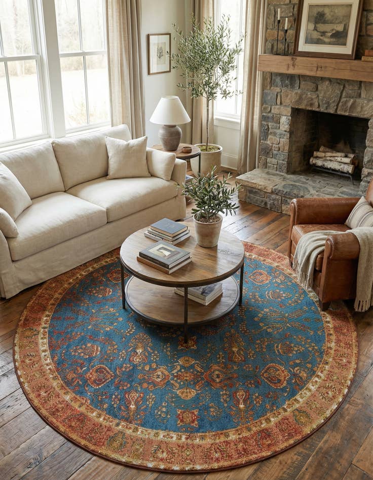 Detail image of 7' 10 x 7' 10  Washable Traditional Indoor / Outdoor Round Rug