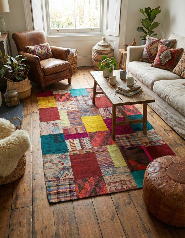 Detail image of  4' 5 x 7'  Hand Woven Kilim Patchwork Wool Rug