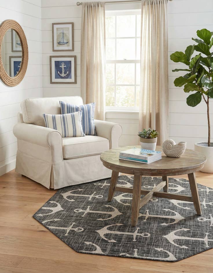 Detail image of 5' 3 x 5' 3  Washable Coastal Indoor / Outdoor Octagon Rug