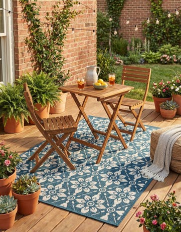 Navy Blue Easy-Clean Lattice Indoor / Outdoor Rug