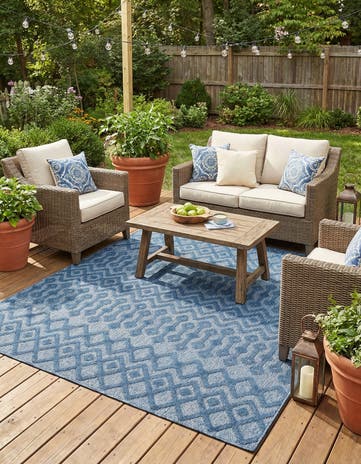 Navy Blue Easy-Clean Trellis Textured Indoor / Outdoor Square Rug