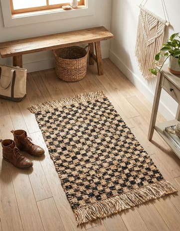 Black and Natural Hand Woven Checkered Jute Wool Rug
