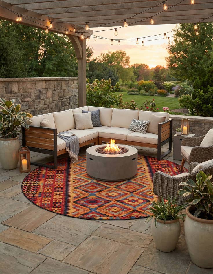 Detail image of 12' x 12' Easy-Clean Tribal Indoor / Outdoor Round Rug