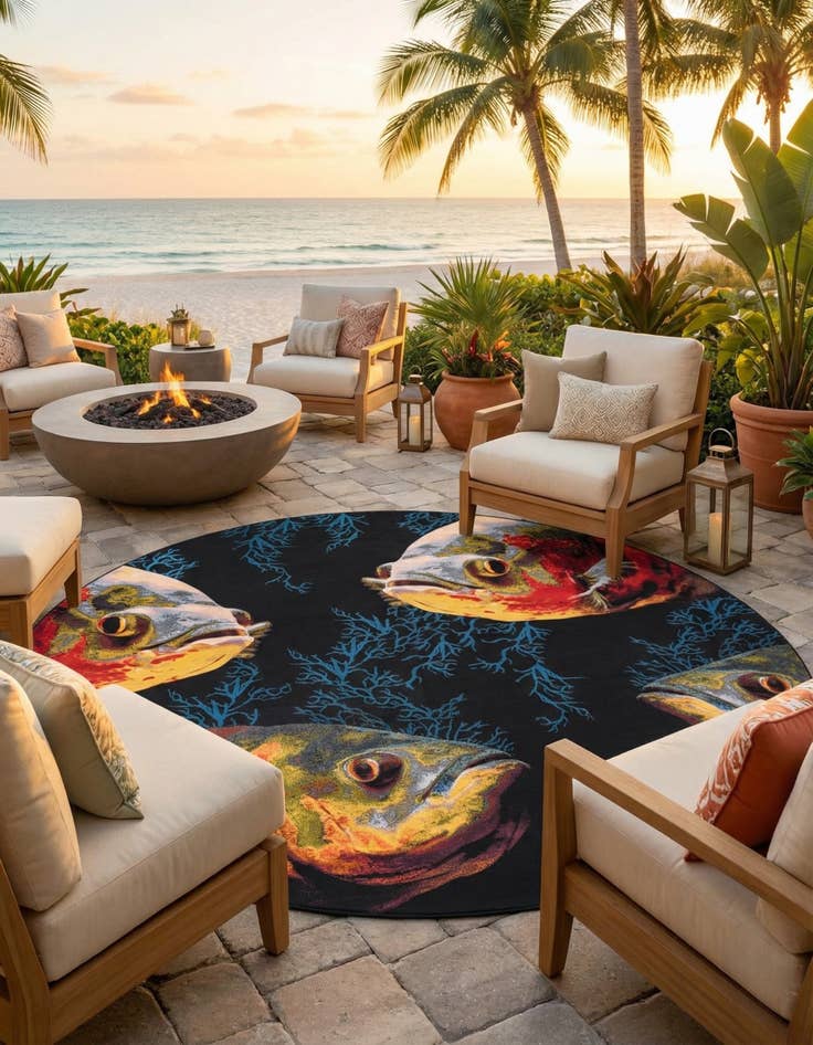 Detail image of 12' x 12'  Washable Coastal Indoor / Outdoor Round Rug