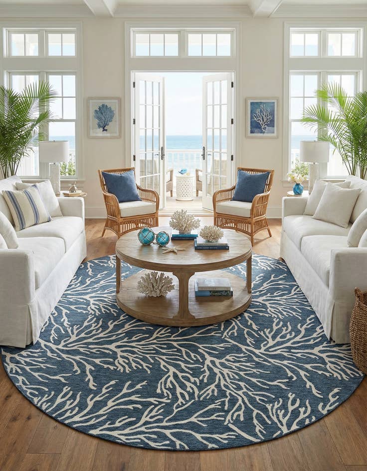 Detail image of 12' x 12'  Washable Coastal Indoor / Outdoor Round Rug