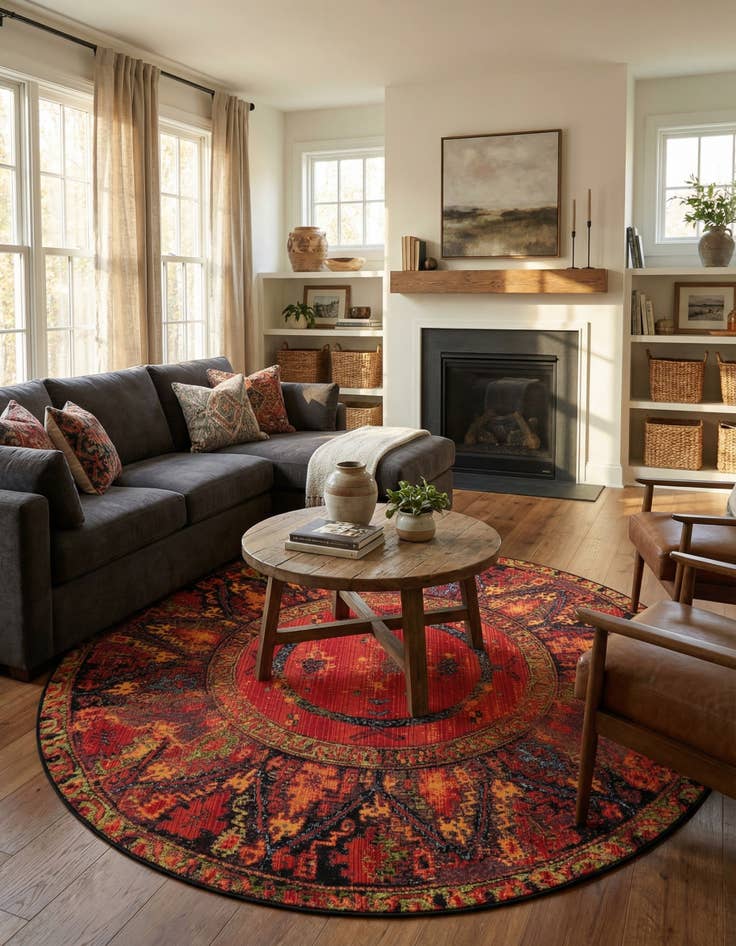 Detail image of  6' x 6'  Washable Tribal Indoor / Outdoor Round Rug