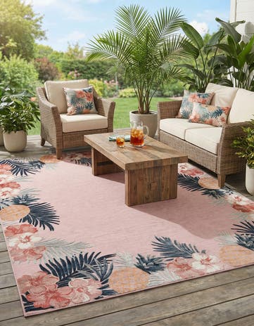 Pink Easy-Clean Botanical Indoor / Outdoor Rug