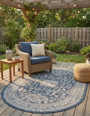 Blue Easy-Clean Aztec Indoor / Outdoor Oval Rug