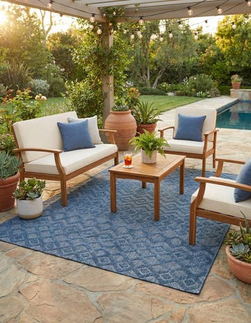 Navy Blue Easy-Clean Trellis Textured Indoor / Outdoor Rug