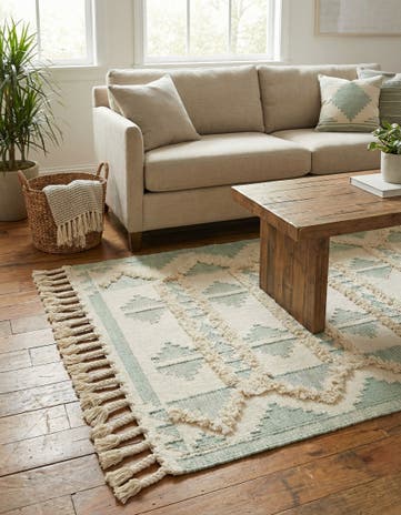 Aquamarine and White Hand Woven Arizona Wool Rug