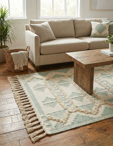 Aquamarine and White Hand Woven Arizona Wool Rug